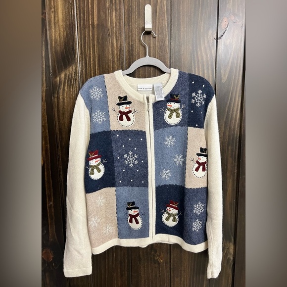 Wool-blend Snowman Patchwork Zip Cardigan- Size: Small - Picture 7 of 10